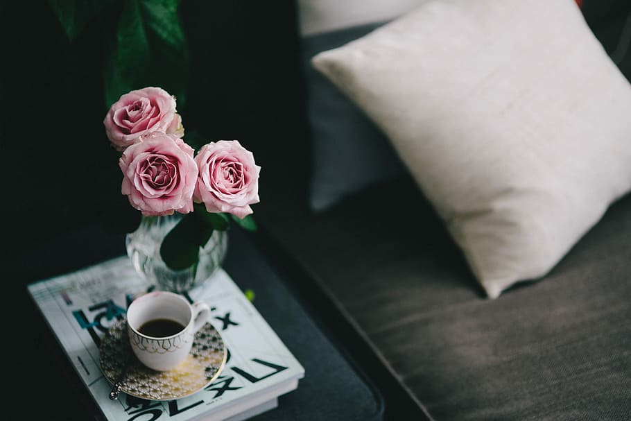 Lovely roseses, book and coffee, interior, resting, relax, essentials