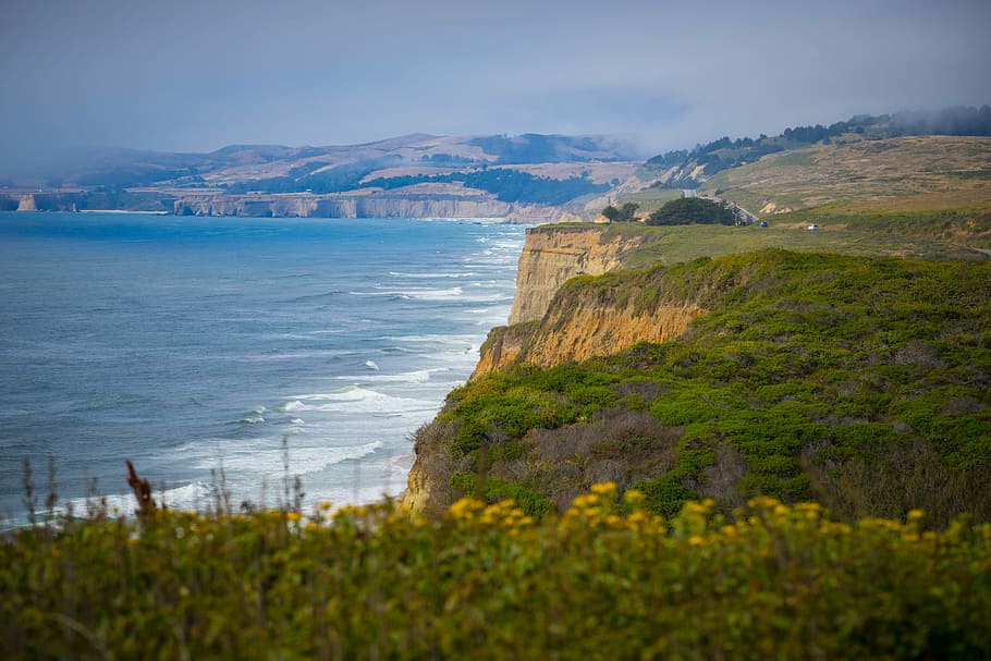 coastline with waving seas, cliffs with green plants near the shore