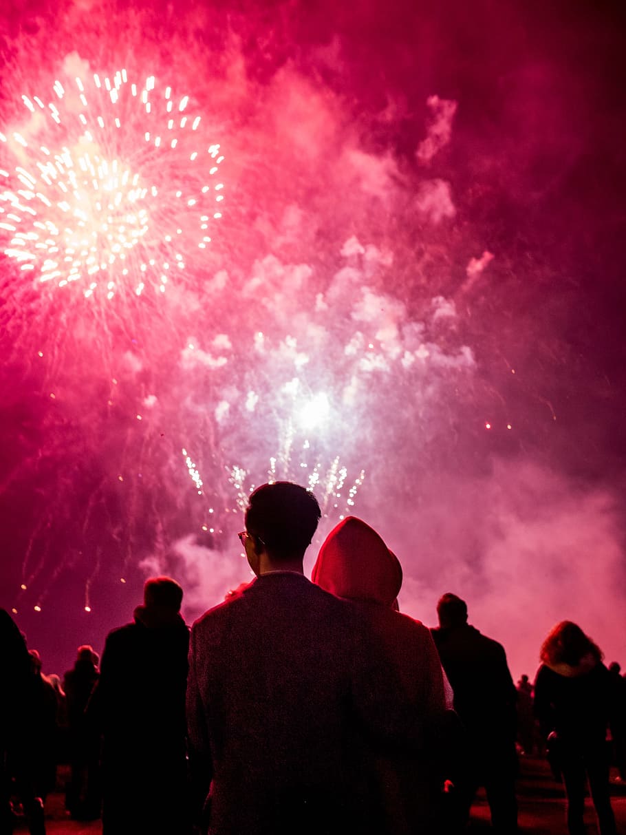 group of people watching fireworks, party, night, celebration HD wallpaper