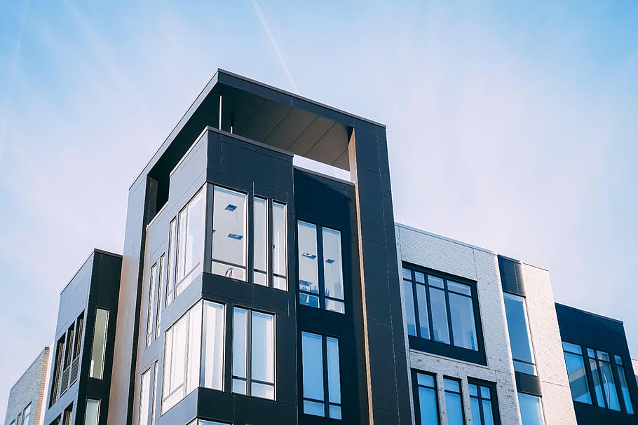 black and white cocnrete building low-angle photography, black and gray concrete house HD wallpaper