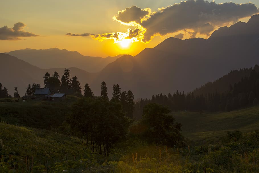 Mountains, Nature, Clouds, Landscape, grass, sunset, sky, abkhazia HD wallpaper
