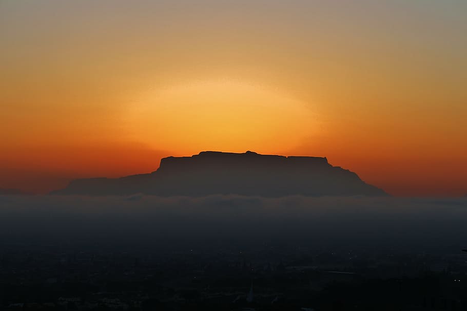 silhouette photo of mountain, cape town, table mountain, cloud bank HD wallpaper