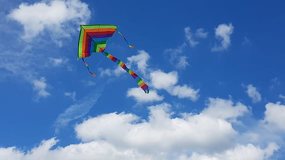 photo of assorted-color flying kite, sky, clouds, fun, summer HD wallpaper