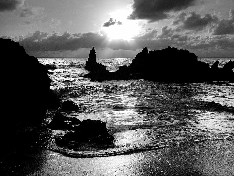 mar, beach, sol, rocks, sea, nature, black And White, coastline HD wallpaper