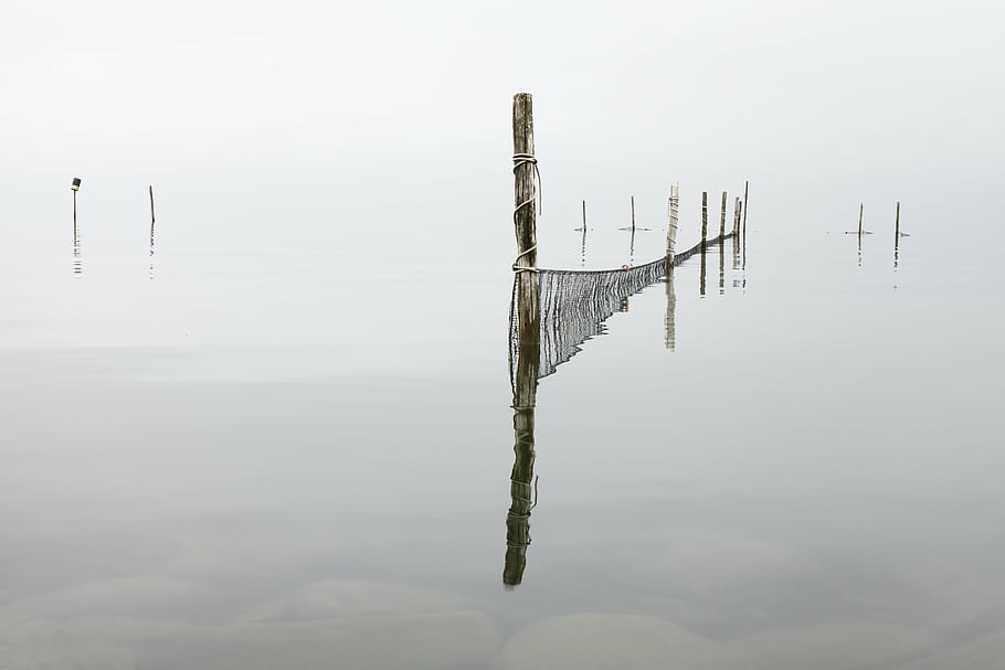 fishing net pole photo, water, stillness, wood, nets, reflection HD wallpaper