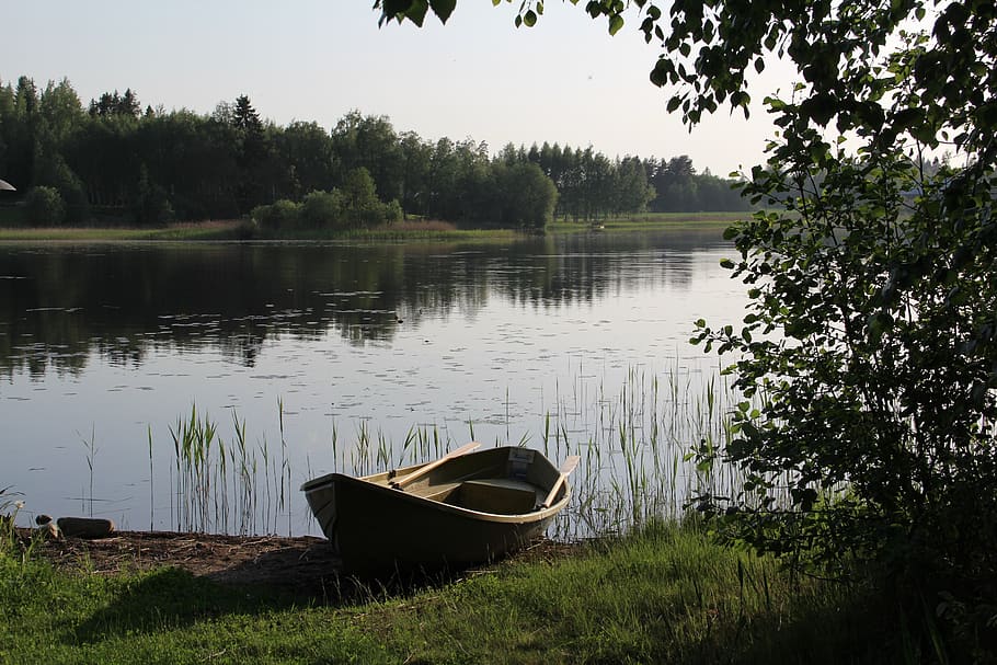 lake, boat, summer, water, plant, tree, tranquility, nature HD wallpaper