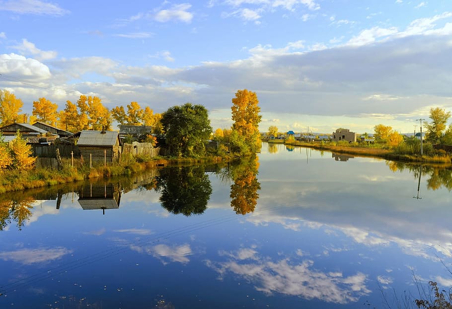 river between green trees, lake, fall, gold, nature, landscape HD wallpaper