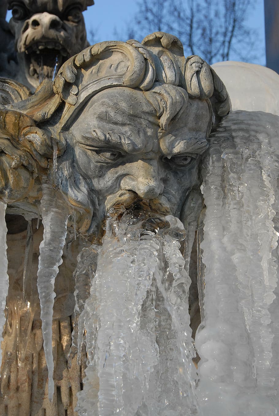 fountain, statue, neptune, face, ice, gel, winter, cold, stalactite HD wallpaper