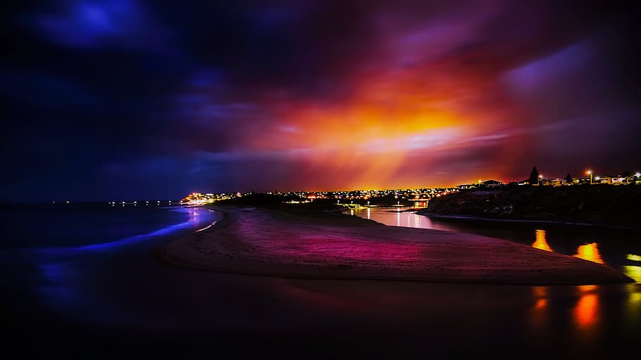 lighted cityscape digital wallpaper, photo, sunset, australia