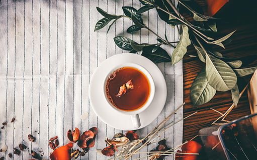 tea serve on white teacup, brown liquid on white ceramic teacup and saucer HD wallpaper