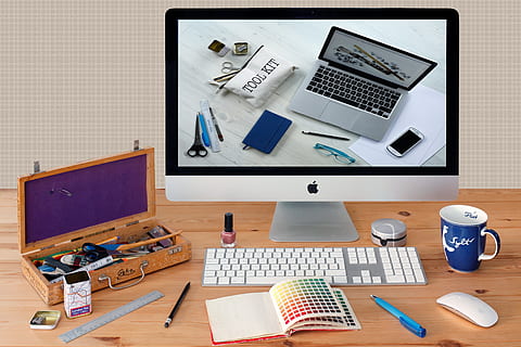 notebook in front of iMac, workplace, desktop, creative, computer HD wallpaper