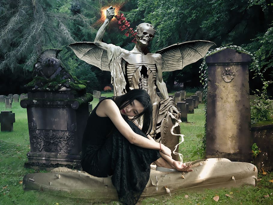 photo of woman sitting beside winged skeleton tomb, gothic HD wallpaper