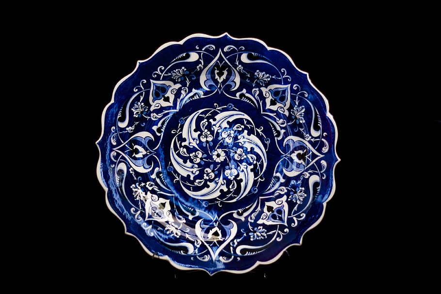 round blue and white damask decor, tile, handicrafts, increased, HD wallpaper