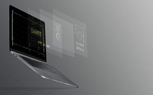 black laptop computer turned on with grey background, notebook HD wallpaper