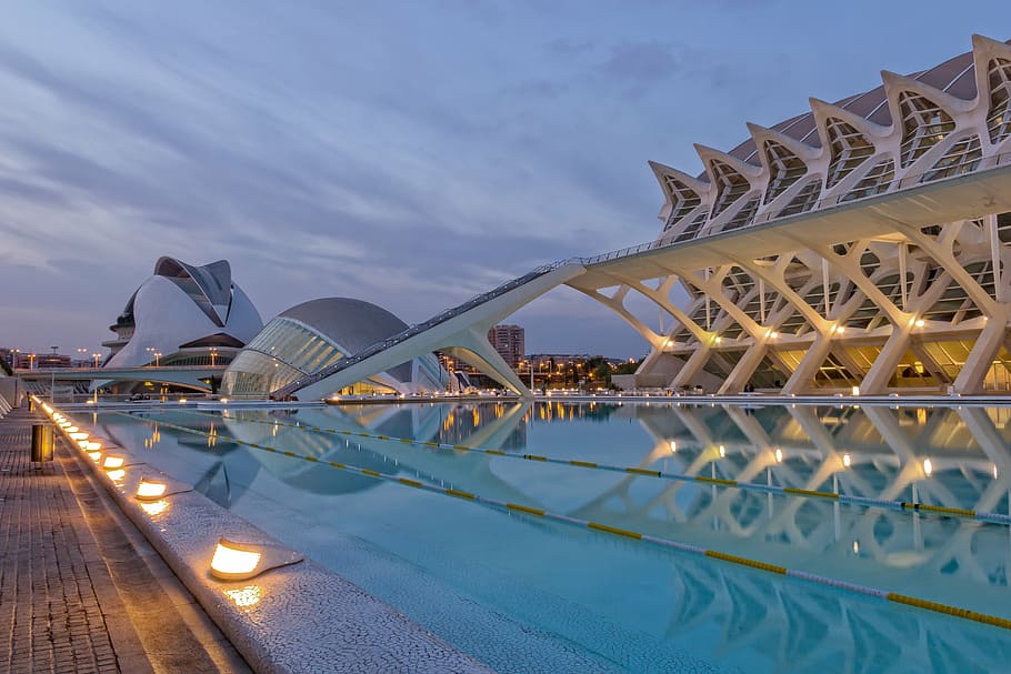 swimming pool beside building, valencia, spain, calatrava, sunset