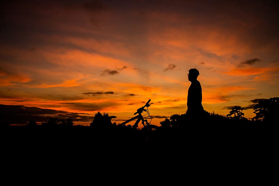 sunset, gloomy, outdoor, nature, golden hour, cycling, silhouette HD wallpaper