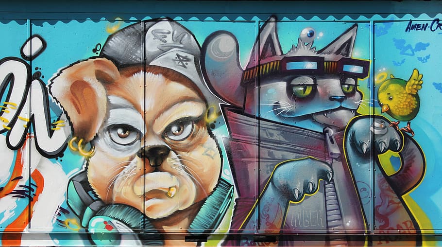 graffiti, grafitti, art, artwork, sprayed, cat, dog, representation HD wallpaper