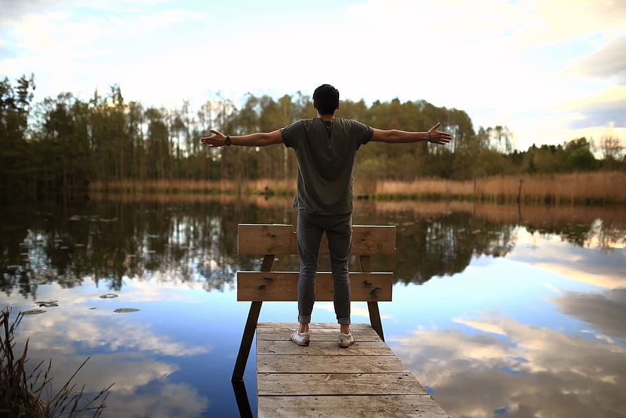 nature, man, person, clouds, adult, back view, dock, forest, idyllic HD wallpaper