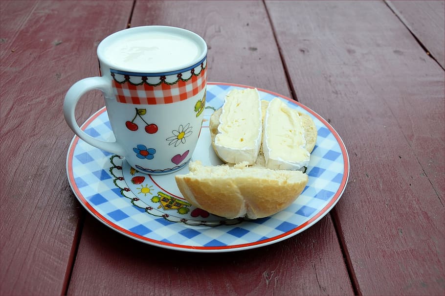 white ceramic mug on blue plate, Bread, Milk, Breakfast, French, Cuisine HD wallpaper