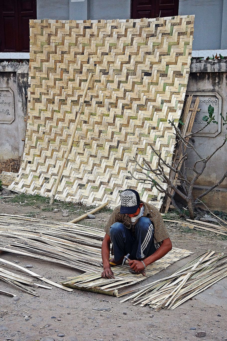 bamboo, mat, making, natural, table, pattern, mynamar, one person HD wallpaper