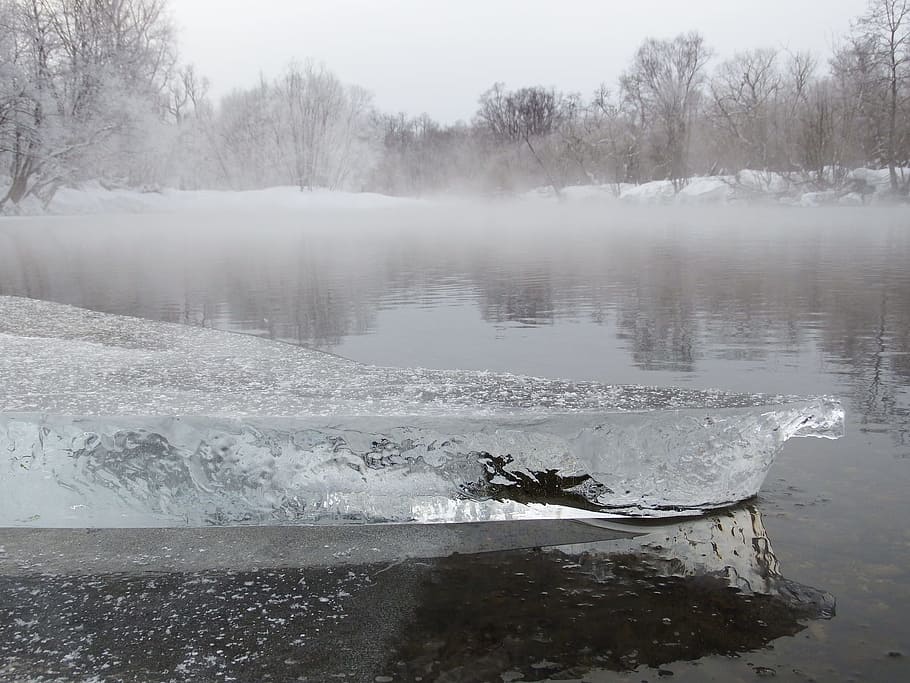 Winter, River, Beach, Snow, Ice, snowdrifts, fog, reflection HD wallpaper