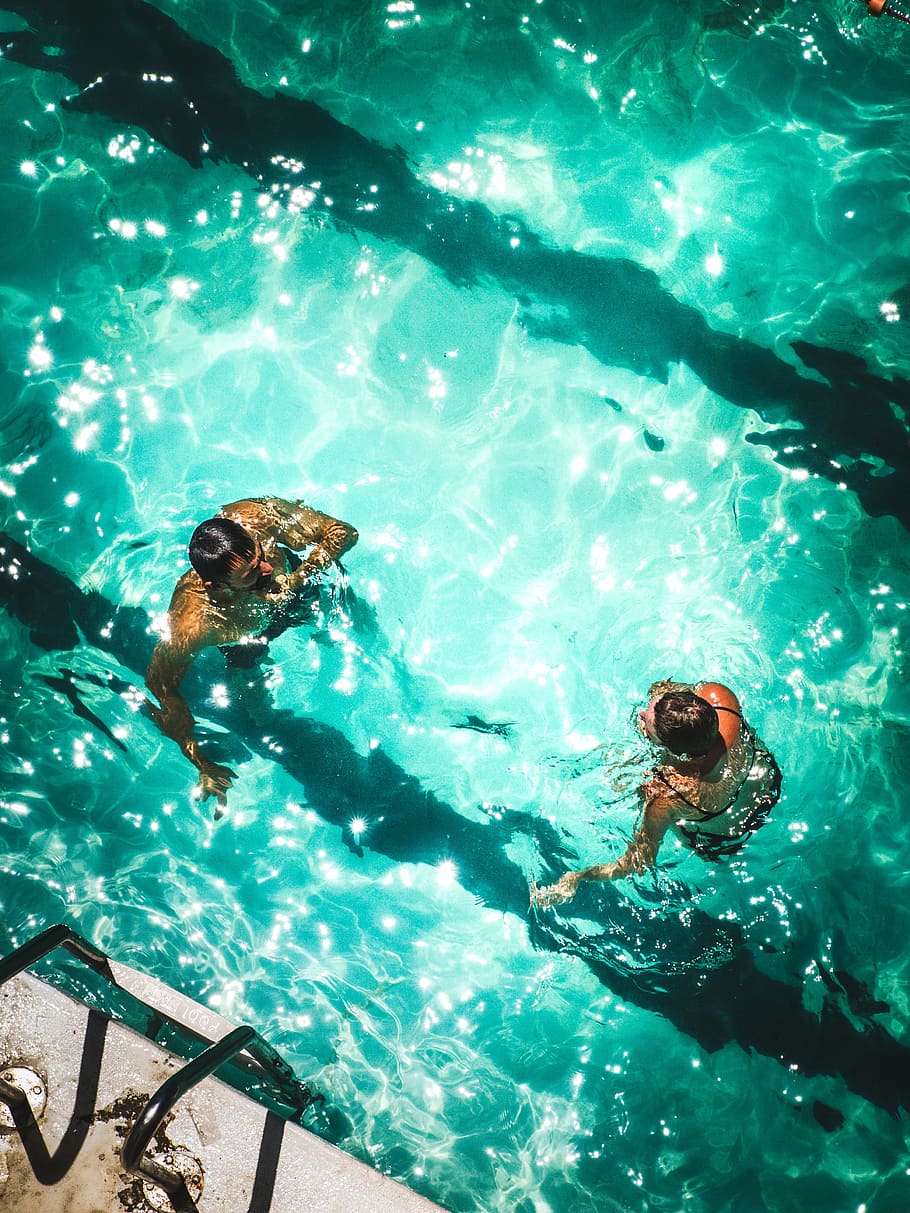 two people swimming on pool, blue, water, man, woman, couple HD wallpaper