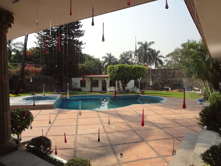 backyard, view, drops, cristal, pool, swimming pool, tree, plant HD wallpaper