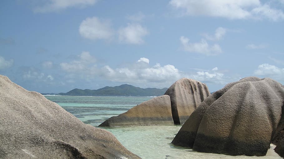 Seychelles, Granite, Rock, Island, Sand, granite rock, water