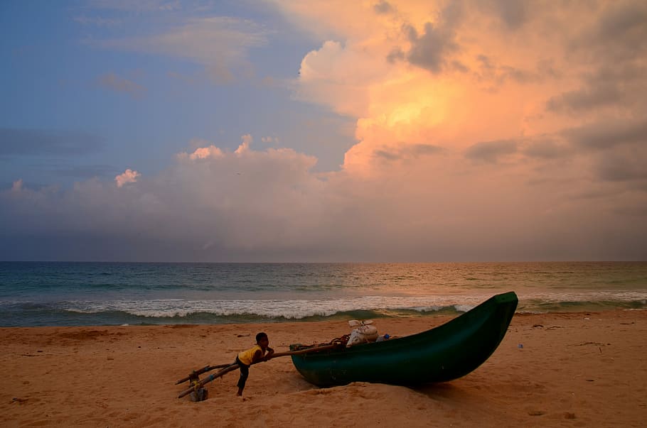 Sri Lanka, Beach, Boot, Sunset, Sea, tropics, sky, horizon over water HD wallpaper