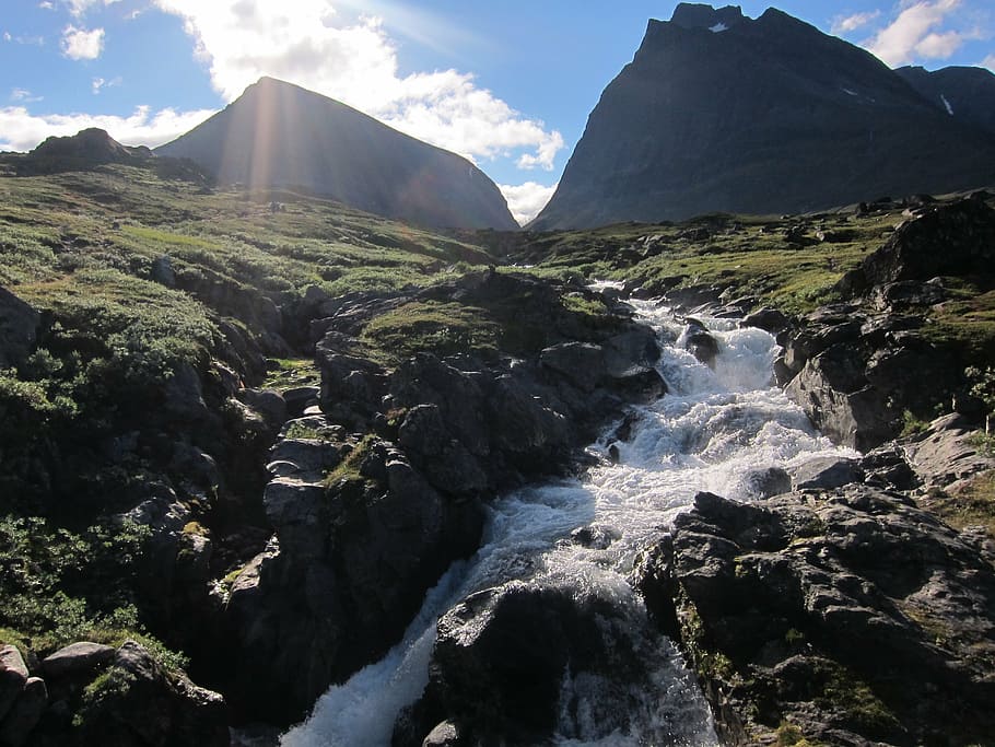 mountains, brook, landscape, nature, stream, water, rock, sweden HD wallpaper