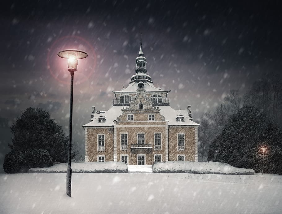 winter, snow, christmas, tree, lantern, lamp, cold, night, away HD wallpaper