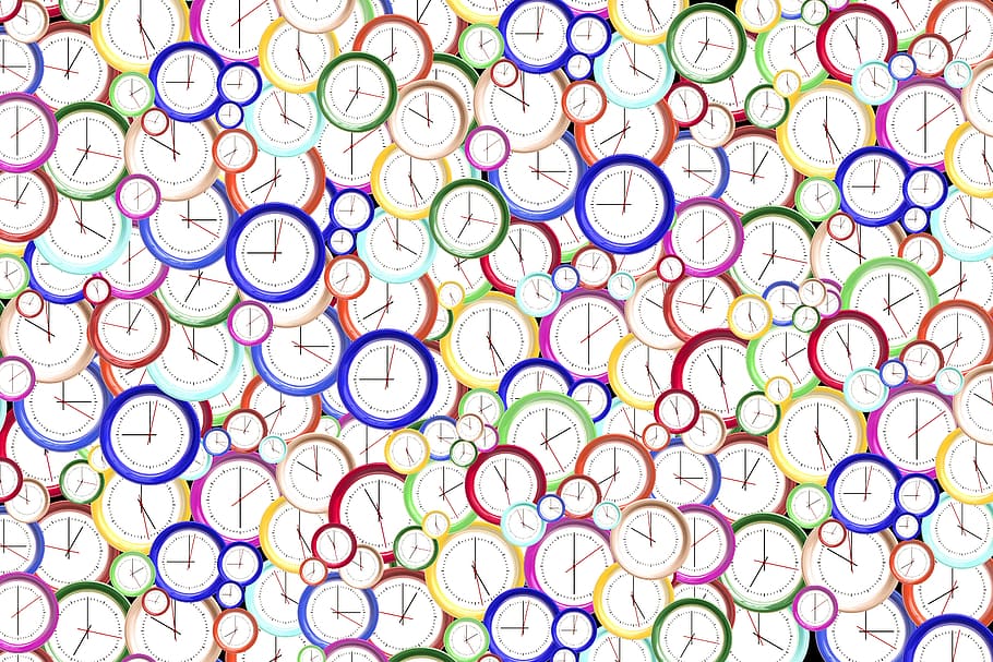 multicolored clocks graphic, time, minute, hour, second, time indicating