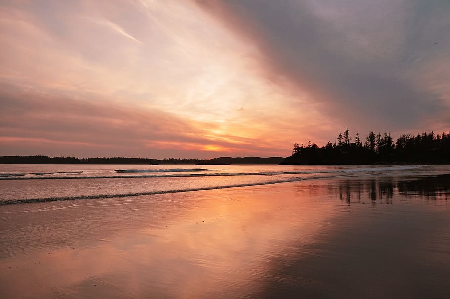 silhouette photo of sea during golden hour, tofino, sunset HD wallpaper