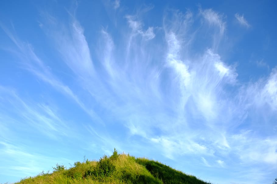 sky, clouds, blue, clouds form, landscape, hill, nature, mood HD wallpaper