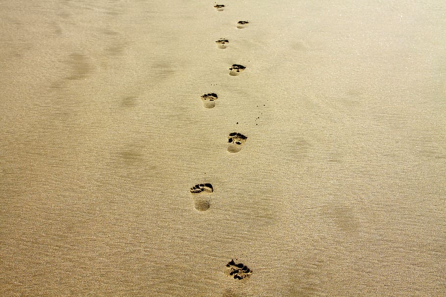foot in the sand during daytime, prints, footprint, alone, vacation, HD wallpaper