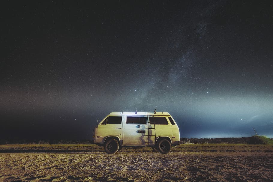 white and brown van parked under view of milky way, white Van on desert HD wallpaper