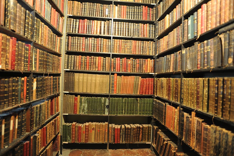 books stacked inside shelves, Reading, Popular Library, bookshelf