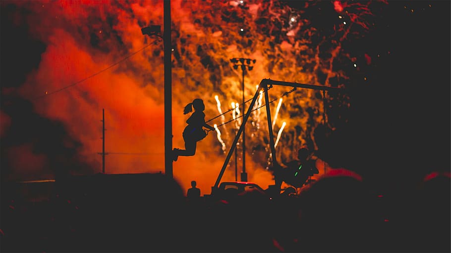 silhouette of girl on swing, female, red, background, fireworks HD wallpaper