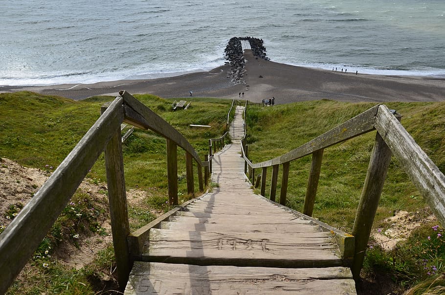 brown wooden stairs towards seashore, denmark, north sea, cliff, HD wallpaper