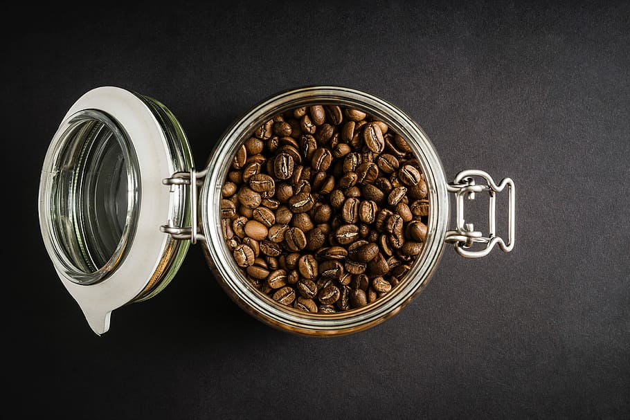 Coffee beans in jar, brown, glass, minimal, minimalistic, simple, HD wallpaper
