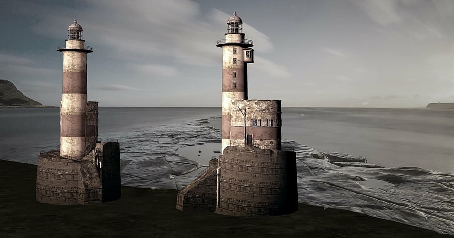 photo of two lighthouses near body of water, evening, sunset HD wallpaper