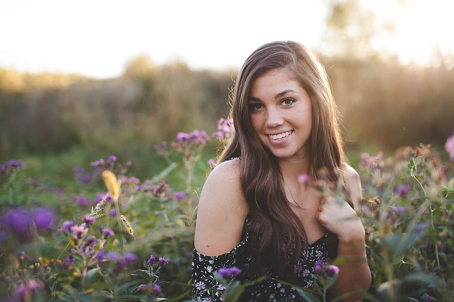 Woman in Black Off Shoulder Dress Standing in Green Flower Field during Daytime, HD wallpaper