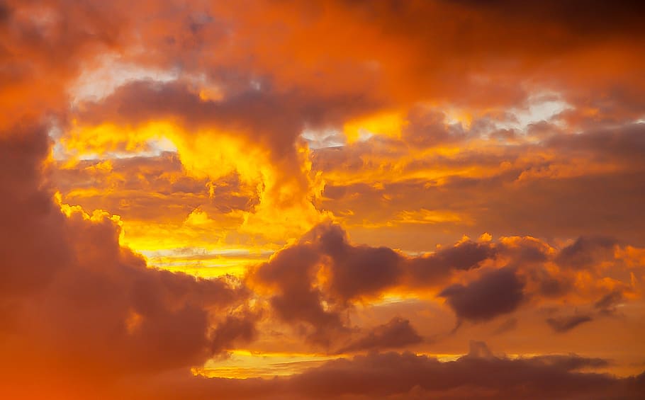 sunset, sky, clouds, orange, gold, cloudscape, weather, vivid HD wallpaper
