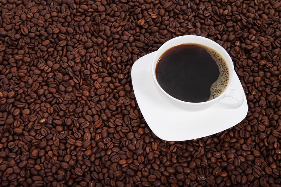white ceramic cup with saucer on coffee beans, background, beverage HD wallpaper