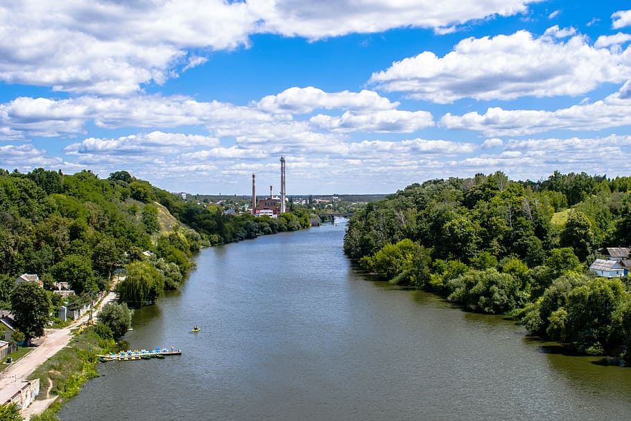 ukraine, zhitomir, park, clouds, blue sky, river, landscape HD wallpaper