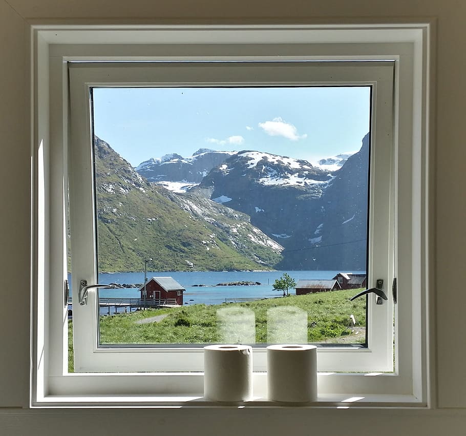 brown barn beside body of water painting, Window, View, Norway HD wallpaper