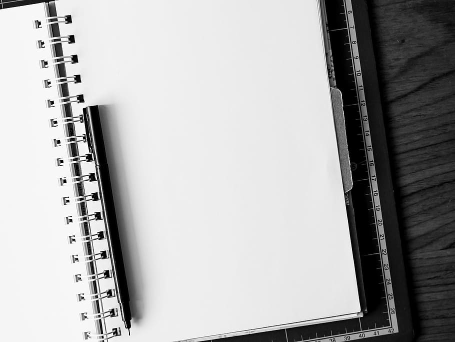 closeup photo of open notebook with pen, empty, white, note book