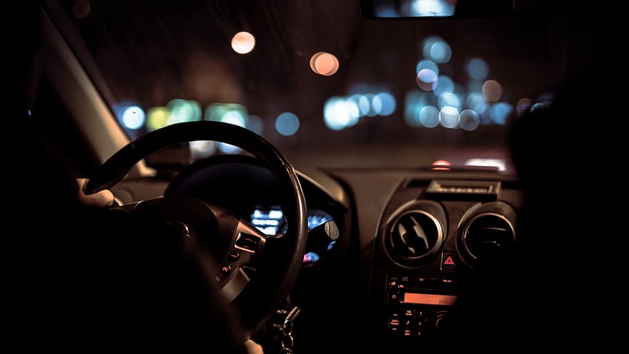 person driving vehicle, black vehicle interior, bokeh, steering wheel, HD wallpaper