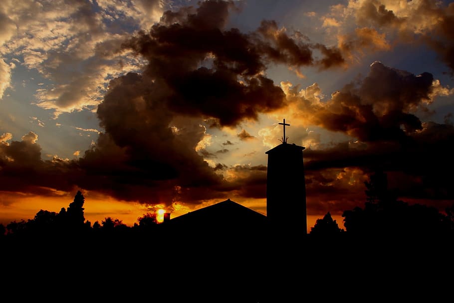 church, twilight, steeple, clouds, sunset, afterglow, sky, building HD wallpaper