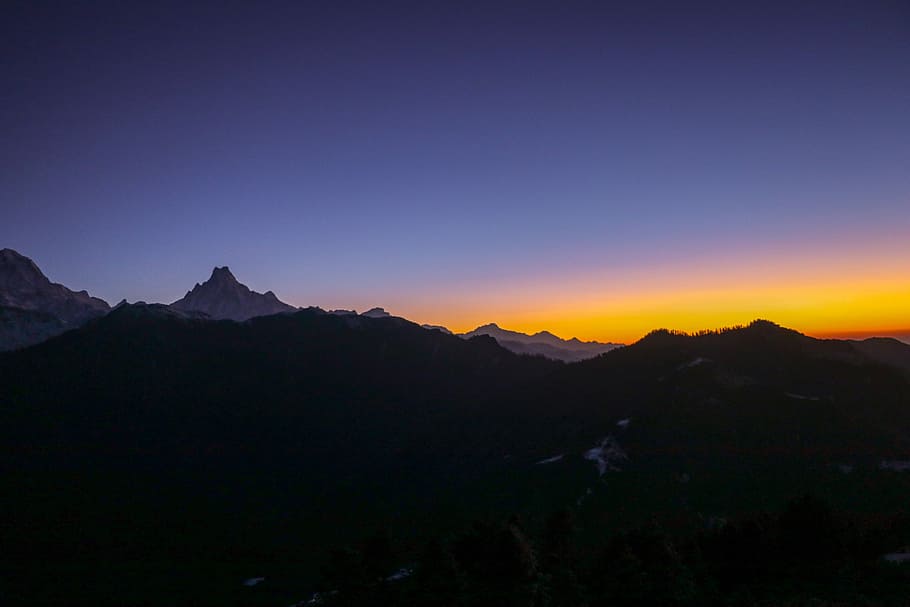 silhouette of mountains during golden hour, silhouette photo of mountains HD wallpaper